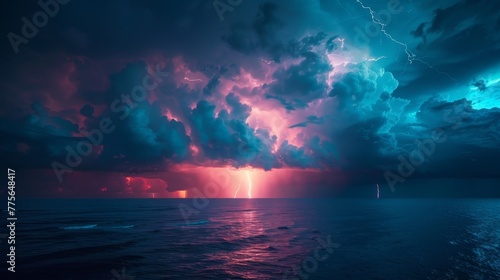 A beautiful blue sky with a stormy ocean and a few lightning bolts. The sky is filled with a mix of blue and purple clouds, creating a dramatic and moody atmosphere
