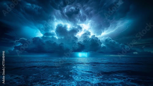 A stormy sky with a large cloud and lightning bolts. The sky is dark and the ocean is calm