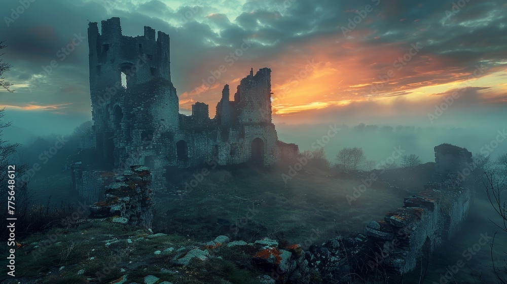 A castle with a foggy sky in the background. The castle is old and abandoned. The sky is a mix of blue and orange, creating a moody atmosphere A castle with a foggy sky in the background. The castle is old and abandoned. The sky is a mix of blue and orange, creating a moody atmosphere