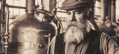 Brewmaster's pride concept. A sepia-toned portrait of a distinguished brewer in traditional attire, his expression exuding experience and dedication photo