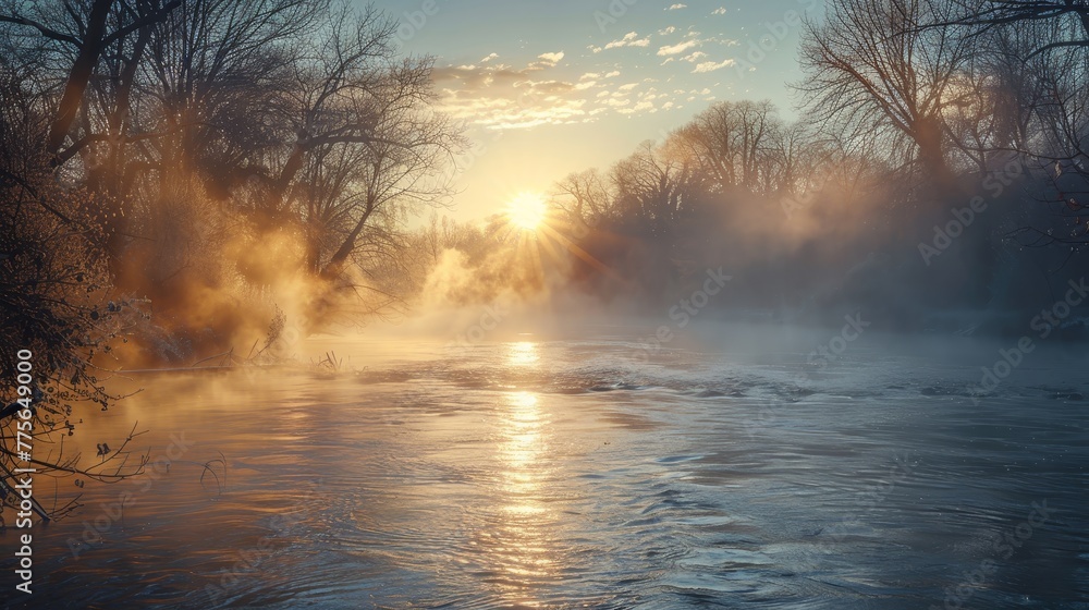 A foggy morning with a sun rising over a lake. The sun is just peeking over the trees and the water is still and calm