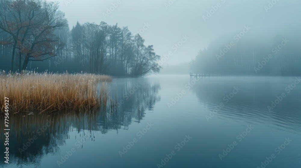 A foggy morning with a lake in the background. The water is calm and the trees are bare A foggy morning with a lake in the background. The water is calm and the trees are bare