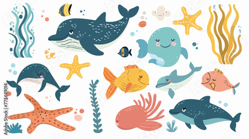Sea animals Flat vector isolated on white background