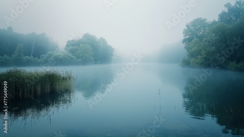A foggy morning with a lake in the background. The water is calm and still, with some plants growing along the shore. The atmosphere is peaceful and serene