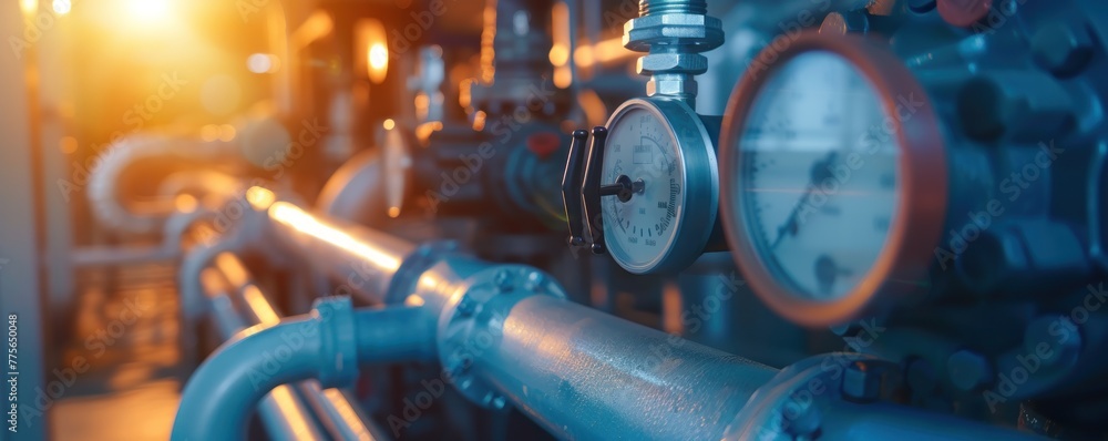 System pressure gauge close up . Boiler and valve expansion tank system System pressure gauge close up . Boiler and valve expansion tank system