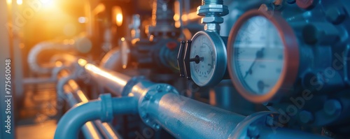 System pressure gauge close up . Boiler and valve expansion tank system