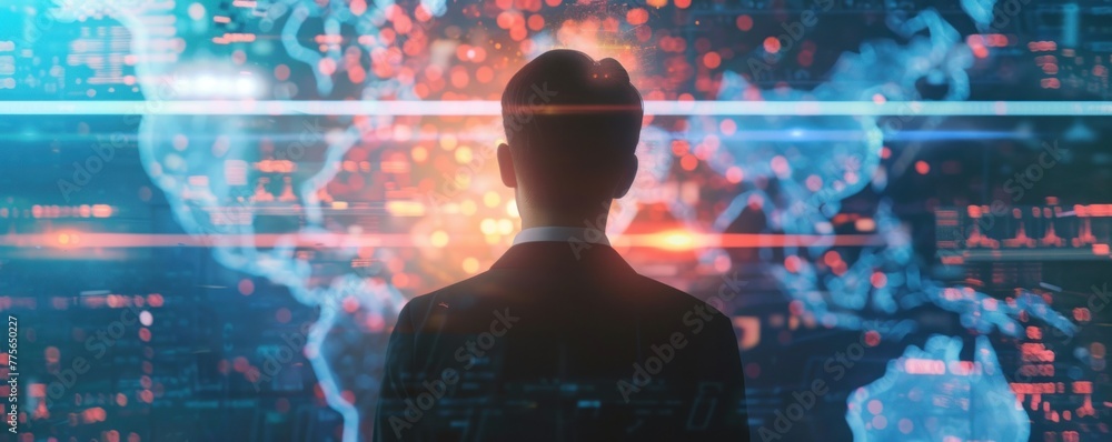 A businessman use artificial intelligence screen. Scientist computing and analysing data