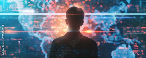 A businessman use artificial intelligence screen. Scientist computing and analysing data