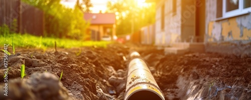 Sewage pipes instaling on the construction of a house photo
