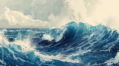 A painting of a wave crashing on a beach. The mood of the painting is calm and peaceful, as the wave is gentle and the sky is cloudy. The painting captures the beauty of nature