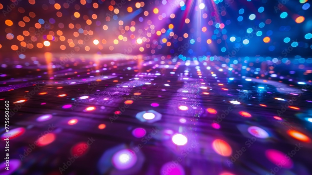 Obraz premium A colorful dance floor with many lights and dots. Scene is energetic and fun