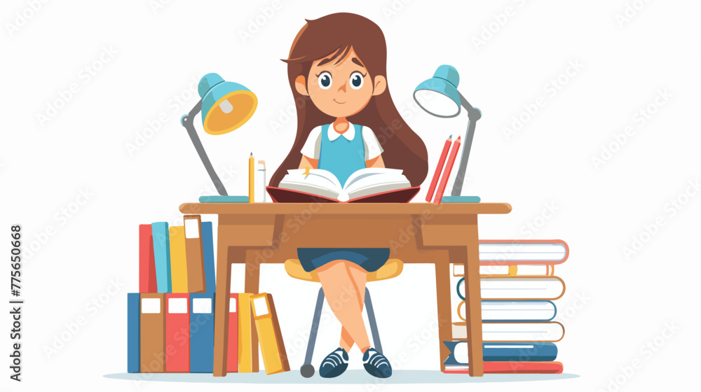 Clever Girl Sitting at Desk at School Lesson Vector 