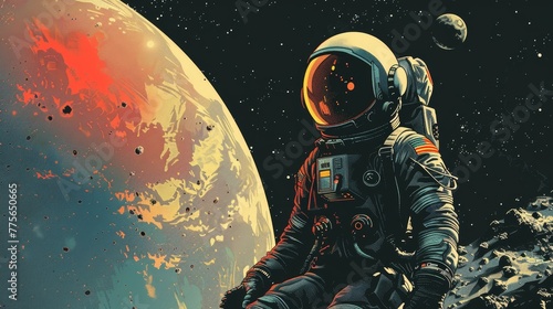 A man in a space suit is sitting on a rock in front of a planet. The image has a dreamy, otherworldly feel to it