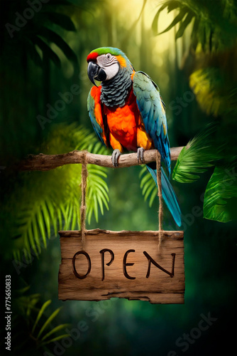 early bird discount concept, bright parrot with OPEN sign © Leka