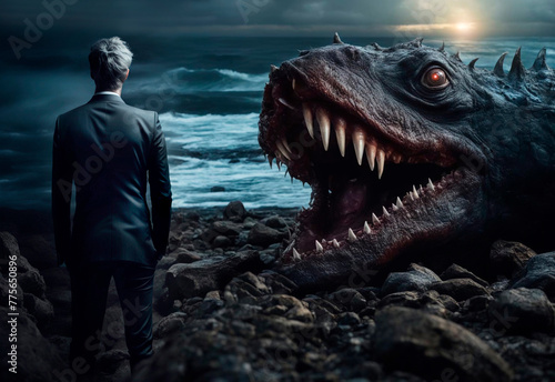 stress resistance in business concept, businessman on the seashore next to a defeated monster © Leka
