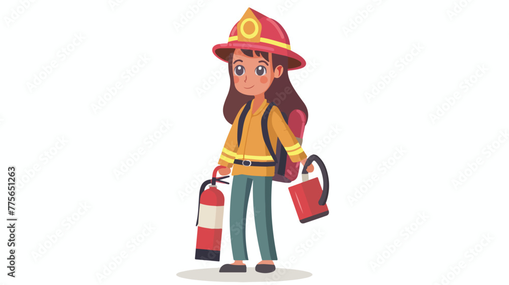 Girl firefighter fire extinguisher flat vector isolated