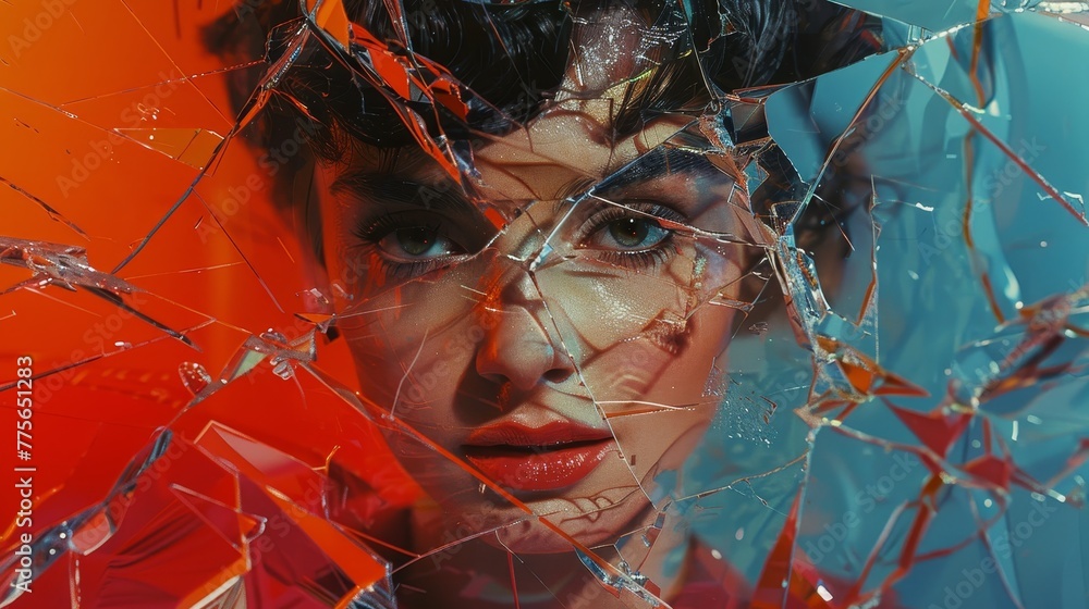 A woman's face is shown through a shattered mirror. The image is ...