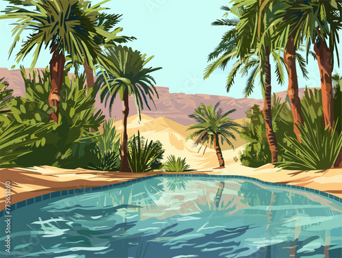 background, A hidden oasis in the desert with palm trees and a sparkling pool, in the style of animated illustrations, background, text-based