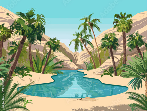 background, A hidden oasis in the desert with palm trees and a sparkling pool, in the style of animated illustrations, background, text-based