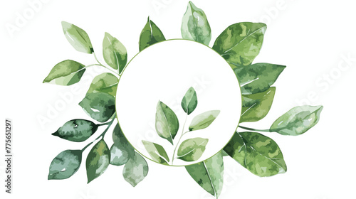 Round watercolor template with green leaves 
