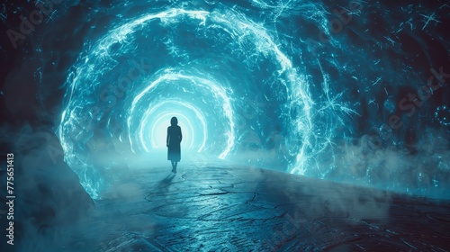 Fototapeta Naklejka Na Ścianę i Meble -  A person is walking through a tunnel with blue walls and a blue sky