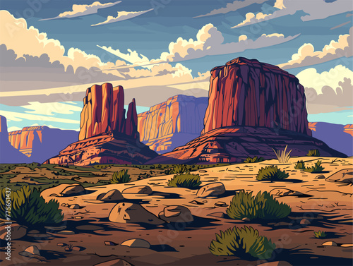 background, A rugged wilderness with towering red rock formations, in the style of animated illustrations, background, text-based