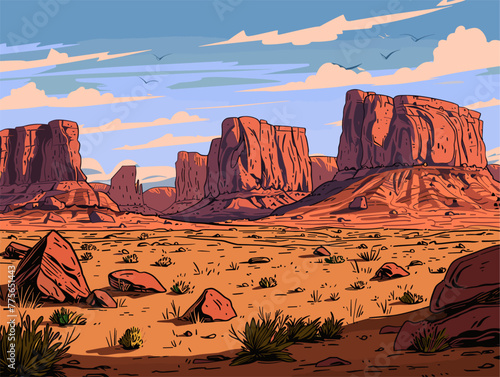 background, A rugged wilderness with towering red rock formations, in the style of animated illustrations, background, text-based