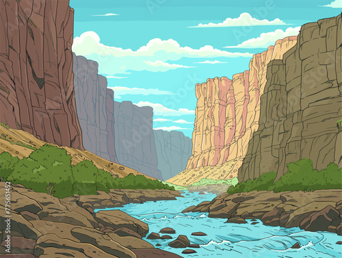 background, A rugged wilderness with towering red rock formations, in the style of animated illustrations, background, text-based