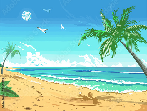 background  A sandy beach with palm trees swaying in the breeze  in the style of animated illustrations  background  text-based