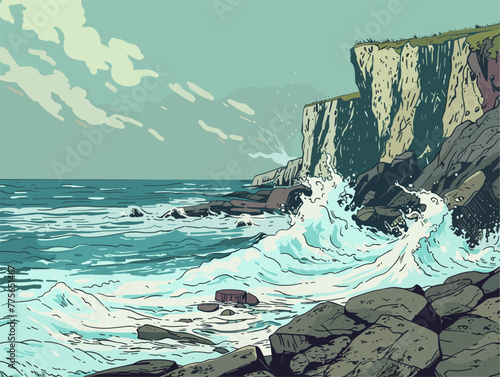 background, A rugged coastline with crashing waves and rocky cliffs, in the style of animated illustrations, background, text-based