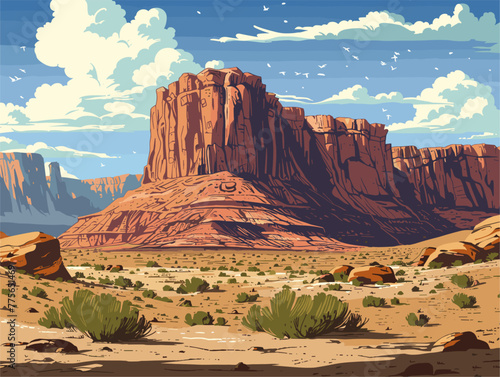 background, A rugged wilderness with towering red rock formations, in the style of animated illustrations, background, text-based