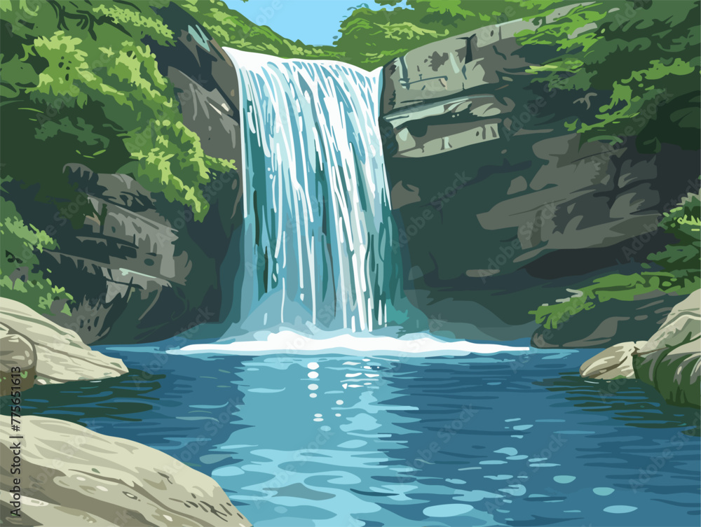 background, A tranquil waterfall cascading into a clear pool below, in the style of animated illustrations, background, text-based