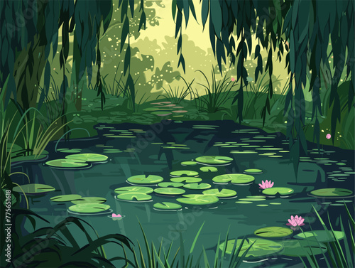 background, A tranquil pond surrounded by weeping willows and lily pads, in the style of animated illustrations, background, text-based