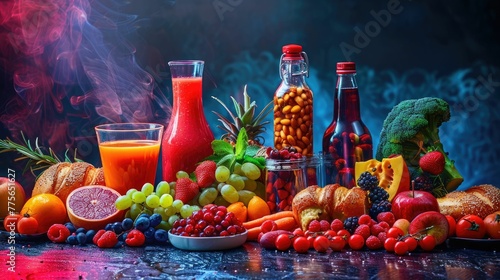 Vivid tableau of acidic foods to avoid, with each item dramatically lit against a dark background, highlighting the danger to GERD sufferers