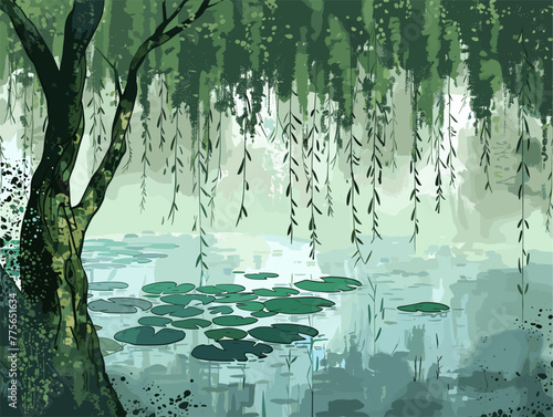 background, A tranquil pond surrounded by weeping willows and lily pads, in the style of animated illustrations, background, text-based