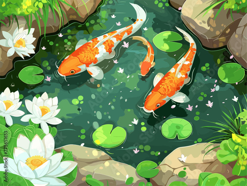 background, A tranquil pond with lily pads and koi fish, in the style of animated illustrations, background, text-based