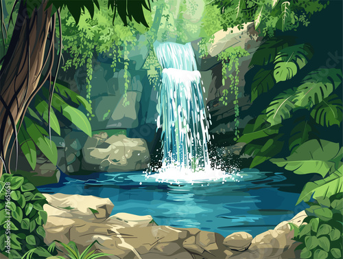 background, A tranquil waterfall cascading into a clear pool below, in the style of animated illustrations, background, text-based

