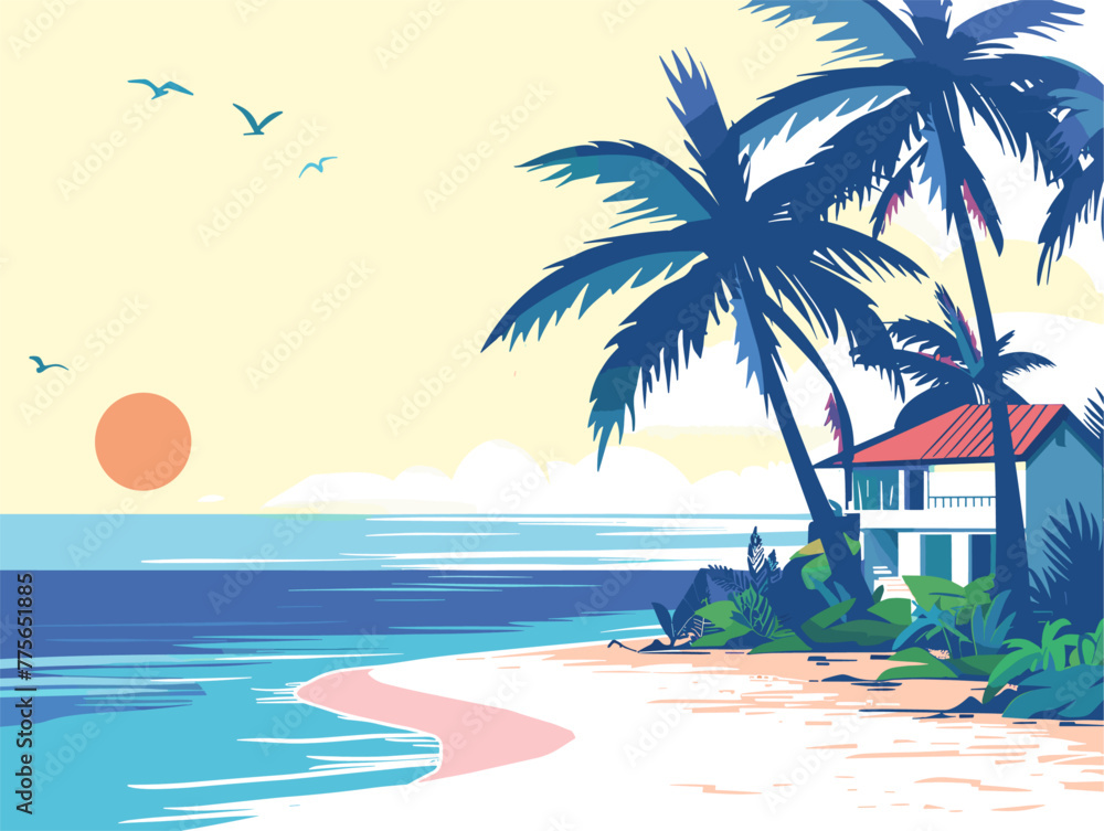 white background, A beachfront resort with palm trees, in the style of animated illustrations, background, text-based
