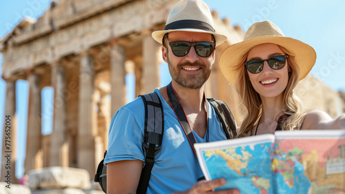 A young couple man and woman, both wearing hats and sunglasses, share a smile while holding a world map, exploring new destinations in a sunlit urban setting.