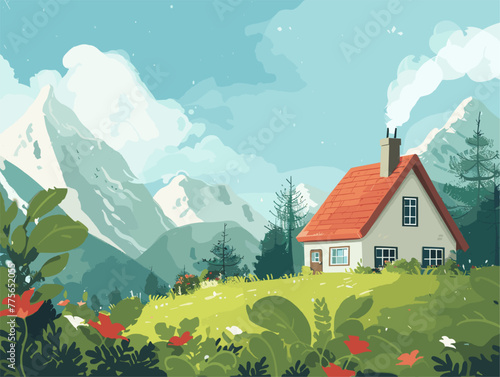 background, A charming cottage nestled in the mountains with smoke curling from the chimney, in the style of animated illustrations, background, text-based