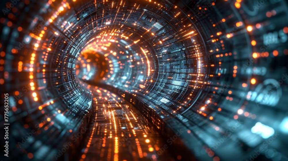 Obraz premium A tunnel with a blue and orange glow. The tunnel is filled with lights and it looks like a computer network