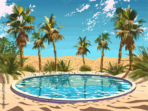 background, A hidden oasis in the desert with palm trees and a sparkling pool, in the style of animated illustrations, background, text-based