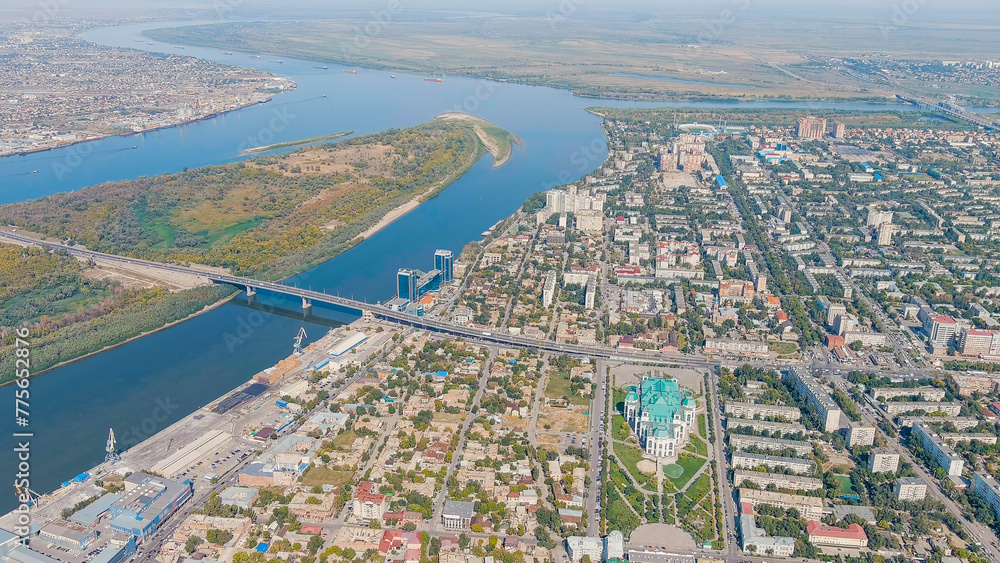 Astrakhan, Russia. Panorama of the city from the air. Summer. new bridge, Aerial View
