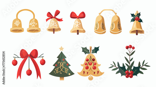 Golden bells with Christmas tree and red ribbon