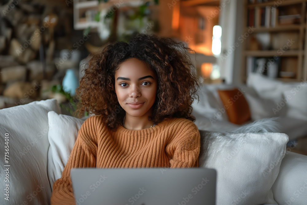 smiling African American woman sitting on sofa using laptop. remote work or study concept smiling African American woman sitting on sofa using laptop. remote work or study concept