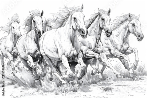 Coloring Pages of running race horses in the desert