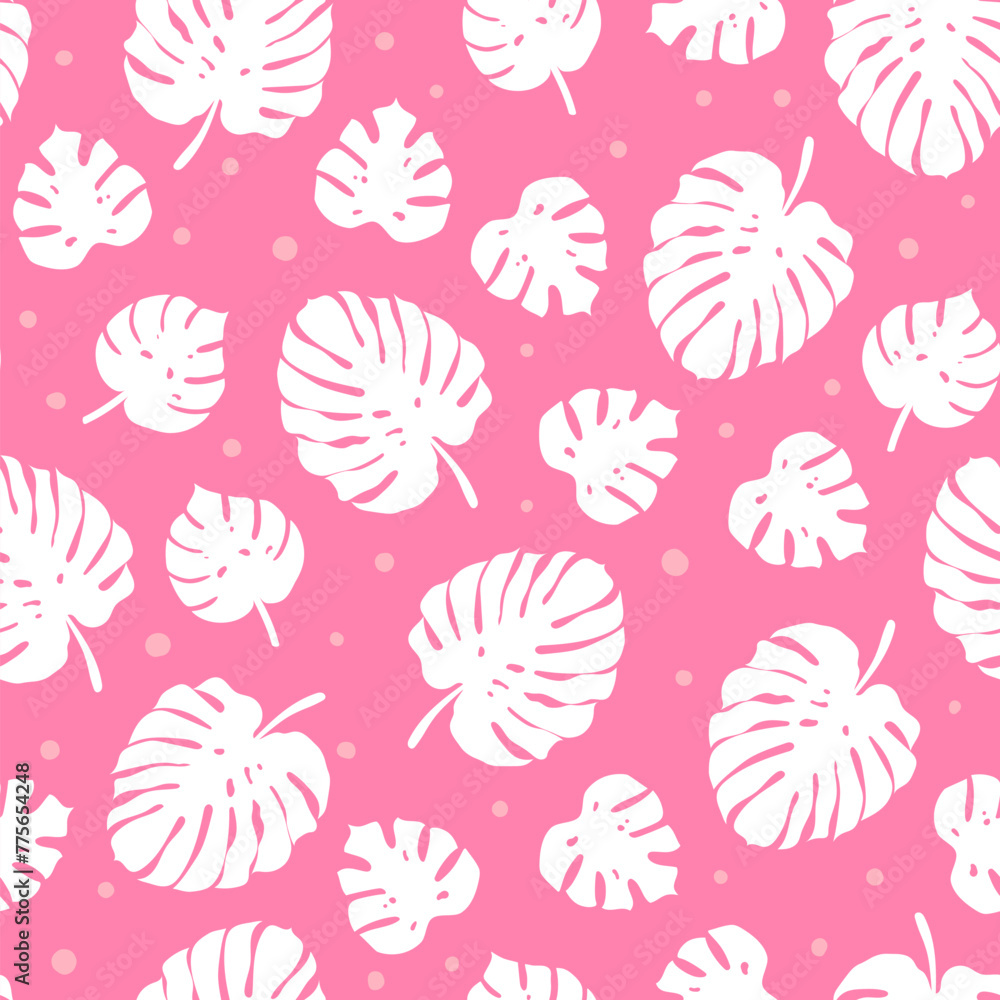 Monstera palm leaf seamless pattern. Vector cute pink tropical leaves print for fabric, fresh summer decor, funny wrapping paper. Monstera palm leaf seamless pattern. Vector cute pink tropical leaves print for fabric, fresh summer decor, funny wrapping paper.