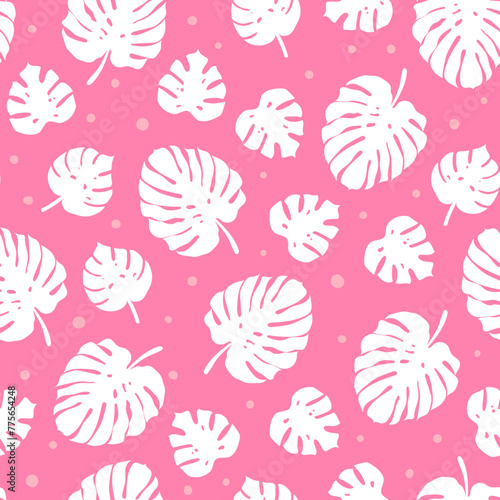 Monstera palm leaf seamless pattern. Vector cute pink tropical leaves print for fabric, fresh summer decor, funny wrapping paper.