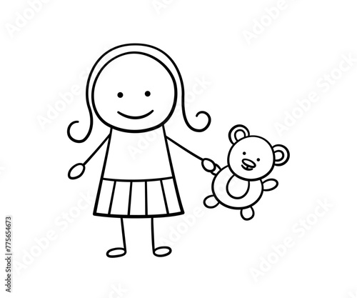 Funny doodle girl and teddy bear toy. Happy cute doodle kid and toy. Funny child with teddy bear. Hand drawn girl. Vector illustration in hand drawn style isolated on white background.