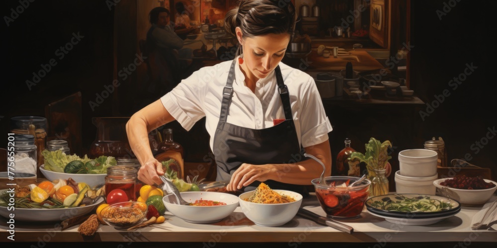 A painting depicting a woman engaged in food preparation within a kitchen setting.